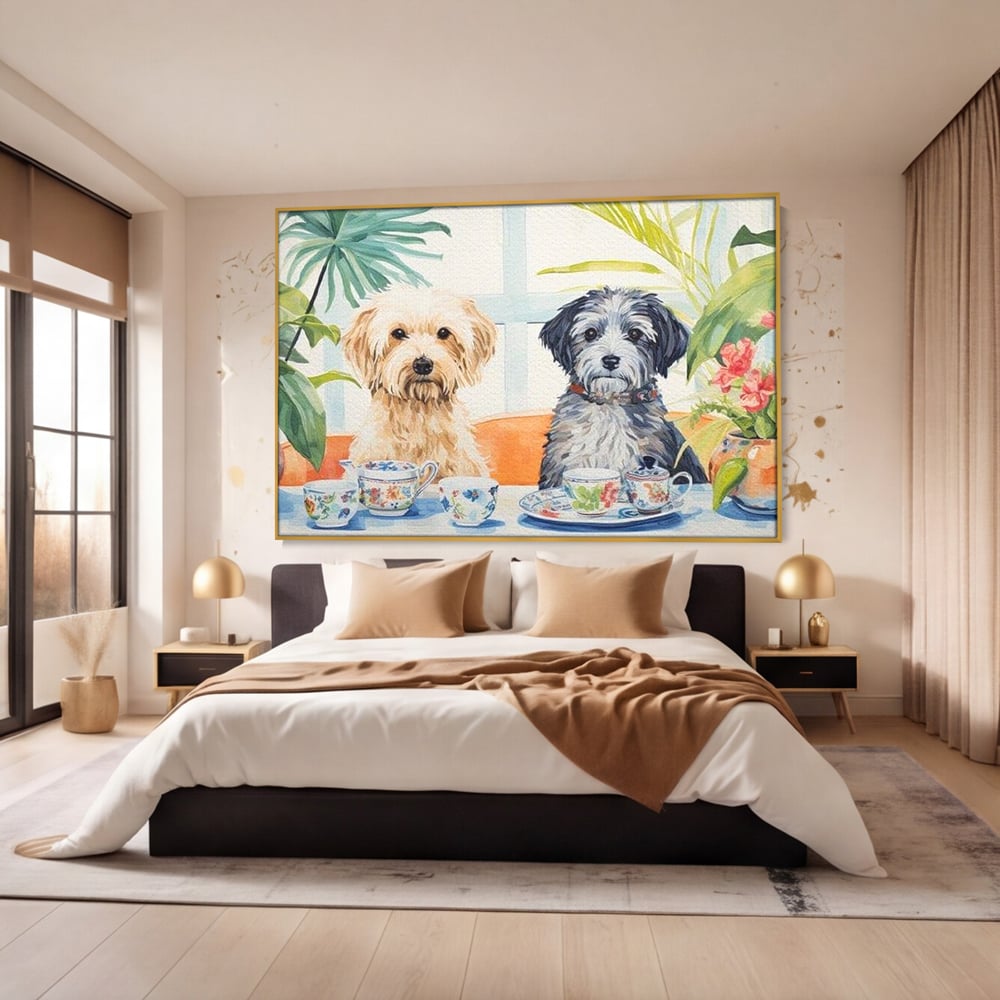 Leinwandbilder Premium, LuxCanva® M1283, Teepause, Geschirr, Geschirr, Porzellan, Hund, weiß, Blumen, Tasse, Tee, Tisch, Tee, Tee, Freundschaft, Date, lustig, Büro, Wohnen, Kinderzimmer