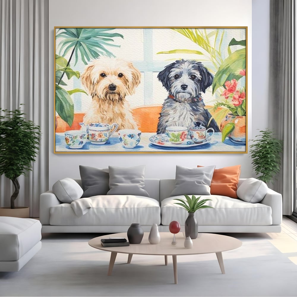 Leinwandbilder Premium, LuxCanva® M1283, Teepause, Geschirr, Geschirr, Porzellan, Hund, weiß, Blumen, Tasse, Tee, Tisch, Tee, Tee, Freundschaft, Date, lustig, Büro, Wohnen, Kinderzimmer