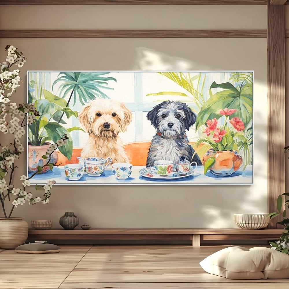 Leinwandbilder Premium, LuxCanva® M1283, Teepause, Geschirr, Geschirr, Porzellan, Hund, weiß, Blumen, Tasse, Tee, Tisch, Tee, Tee, Freundschaft, Date, lustig, Büro, Wohnen, Kinderzimmer