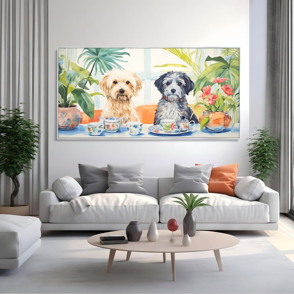 Leinwandbilder Premium, LuxCanva® M1283, Teepause, Geschirr, Geschirr, Porzellan, Hund, weiß, Blumen, Tasse, Tee, Tisch, Tee, Tee, Freundschaft, Date, lustig, Büro, Wohnen, Kinderzimmer