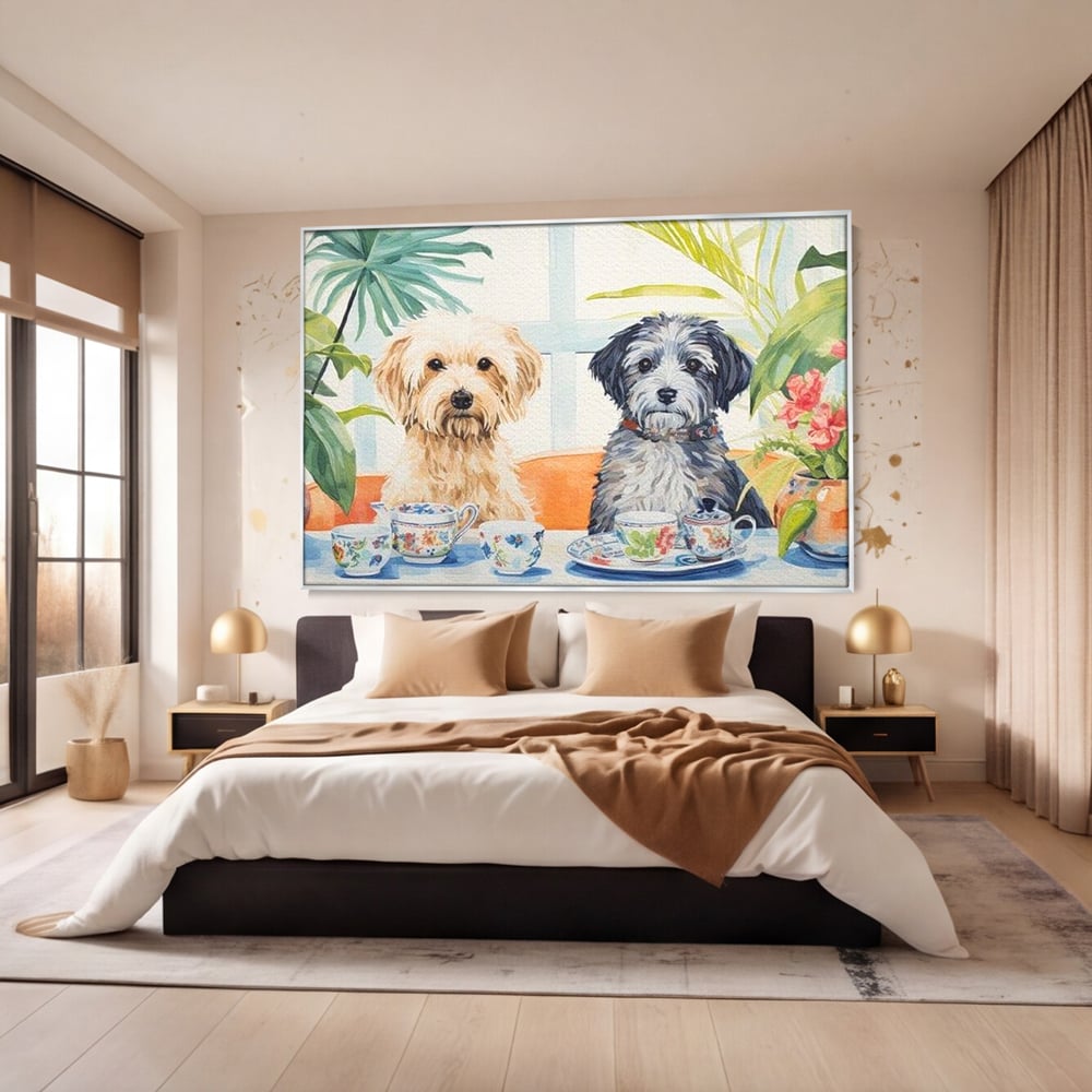 Leinwandbilder Premium, LuxCanva® M1283, Teepause, Geschirr, Geschirr, Porzellan, Hund, weiß, Blumen, Tasse, Tee, Tisch, Tee, Tee, Freundschaft, Date, lustig, Büro, Wohnen, Kinderzimmer