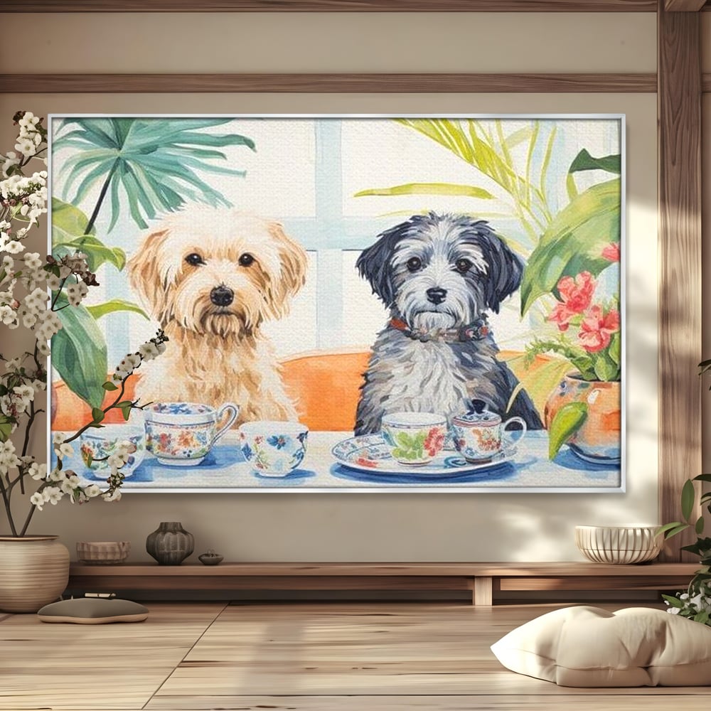 Leinwandbilder Premium, LuxCanva® M1283, Teepause, Geschirr, Geschirr, Porzellan, Hund, weiß, Blumen, Tasse, Tee, Tisch, Tee, Tee, Freundschaft, Date, lustig, Büro, Wohnen, Kinderzimmer
