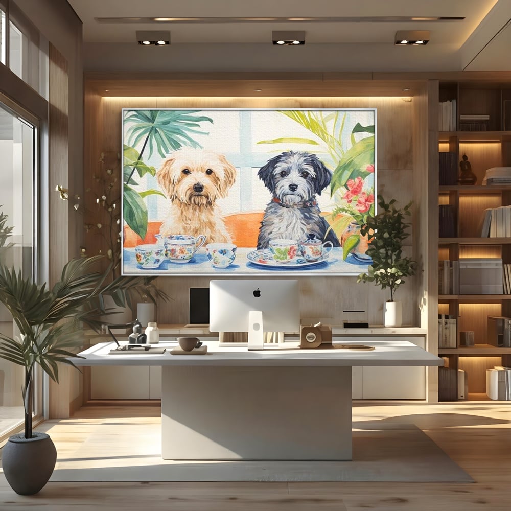 Leinwandbilder Premium, LuxCanva® M1283, Teepause, Geschirr, Geschirr, Porzellan, Hund, weiß, Blumen, Tasse, Tee, Tisch, Tee, Tee, Freundschaft, Date, lustig, Büro, Wohnen, Kinderzimmer