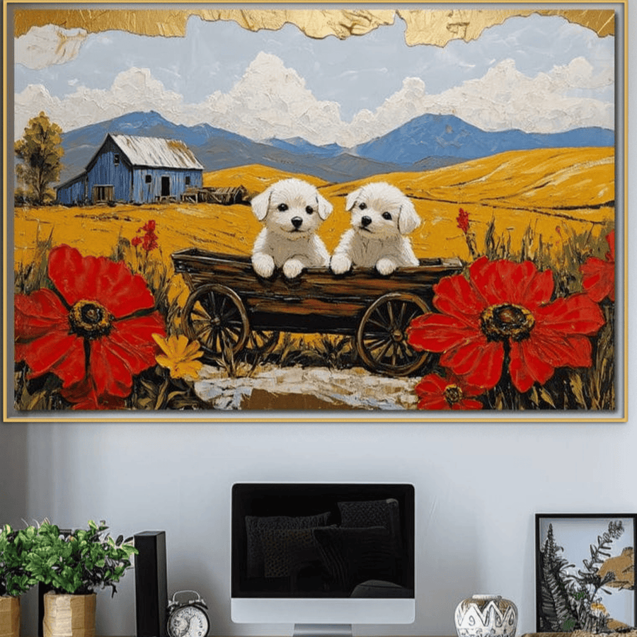 LuxCanva® Tablou Canvas Premium, Prietenie printre Maci (M1285), ilustrează doi căței jucăuși într-o căruță, în mijlocul florilor de mac, cu hambar și dealuri aurii în fundal-un decor premium pentru birou sau camera copilului.