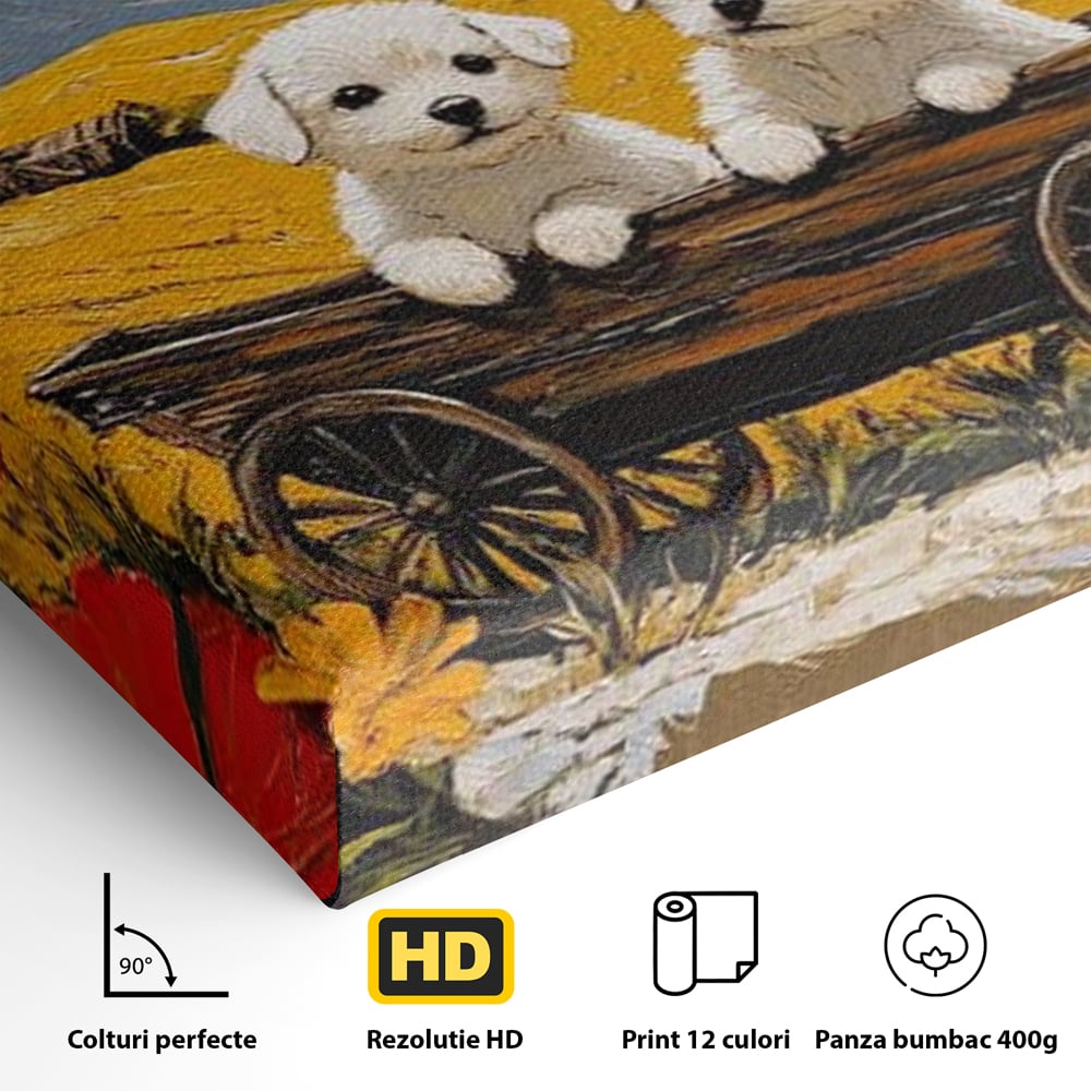 Tablou Canvas Premium, LuxCanva® M1285, Prietenie printre Maci, Catei, Vara, Caruta, Anotimp, Auriu, Flori, Maci, Peisaj, Hambar, Joaca, Dealuri, Copilarie, Birou, Living, Camera Copil