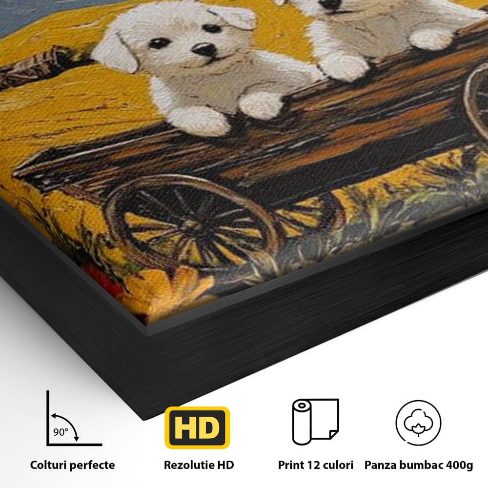 Tablou Canvas Premium, LuxCanva® M1285, Prietenie printre Maci, Catei, Vara, Caruta, Anotimp, Auriu, Flori, Maci, Peisaj, Hambar, Joaca, Dealuri, Copilarie, Birou, Living, Camera Copil