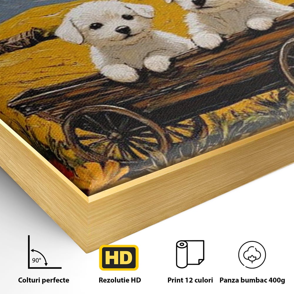Tablou Canvas Premium, LuxCanva® M1285, Prietenie printre Maci, Catei, Vara, Caruta, Anotimp, Auriu, Flori, Maci, Peisaj, Hambar, Joaca, Dealuri, Copilarie, Birou, Living, Camera Copil
