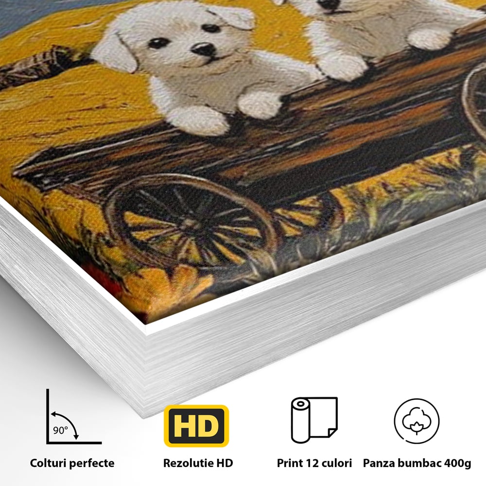 Tablou Canvas Premium, LuxCanva® M1285, Prietenie printre Maci, Catei, Vara, Caruta, Anotimp, Auriu, Flori, Maci, Peisaj, Hambar, Joaca, Dealuri, Copilarie, Birou, Living, Camera Copil