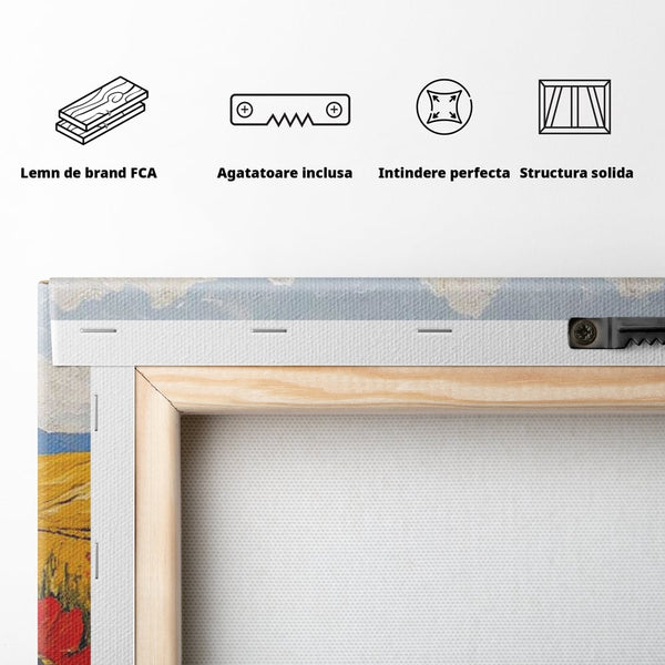 Tablou Canvas Premium, LuxCanva® M1285, Prietenie printre Maci, Catei, Vara, Caruta, Anotimp, Auriu, Flori, Maci, Peisaj, Hambar, Joaca, Dealuri, Copilarie, Birou, Living, Camera Copil