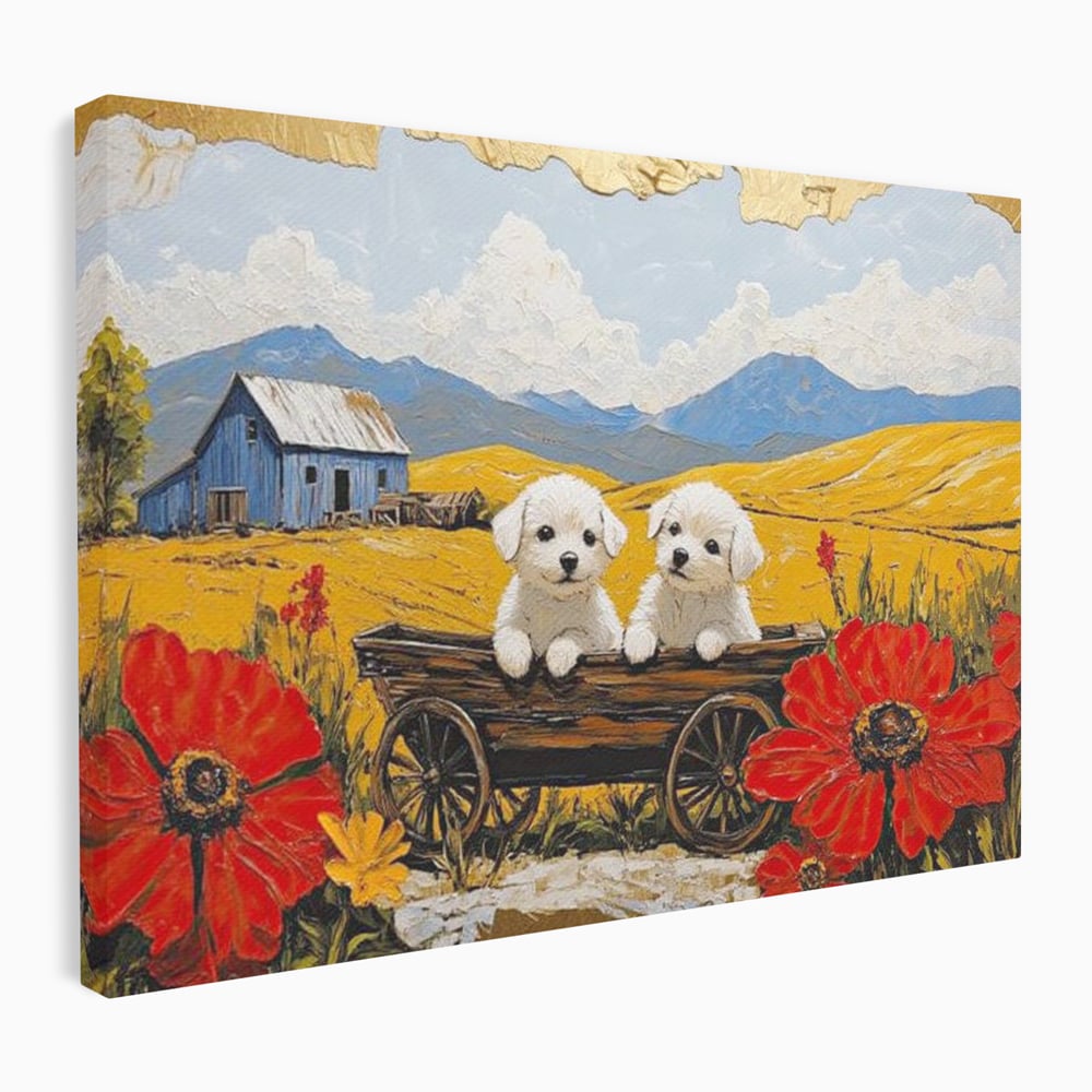 Tablou Canvas Premium, LuxCanva® M1285, Prietenie printre Maci, Catei, Vara, Caruta, Anotimp, Auriu, Flori, Maci, Peisaj, Hambar, Joaca, Dealuri, Copilarie, Birou, Living, Camera Copil