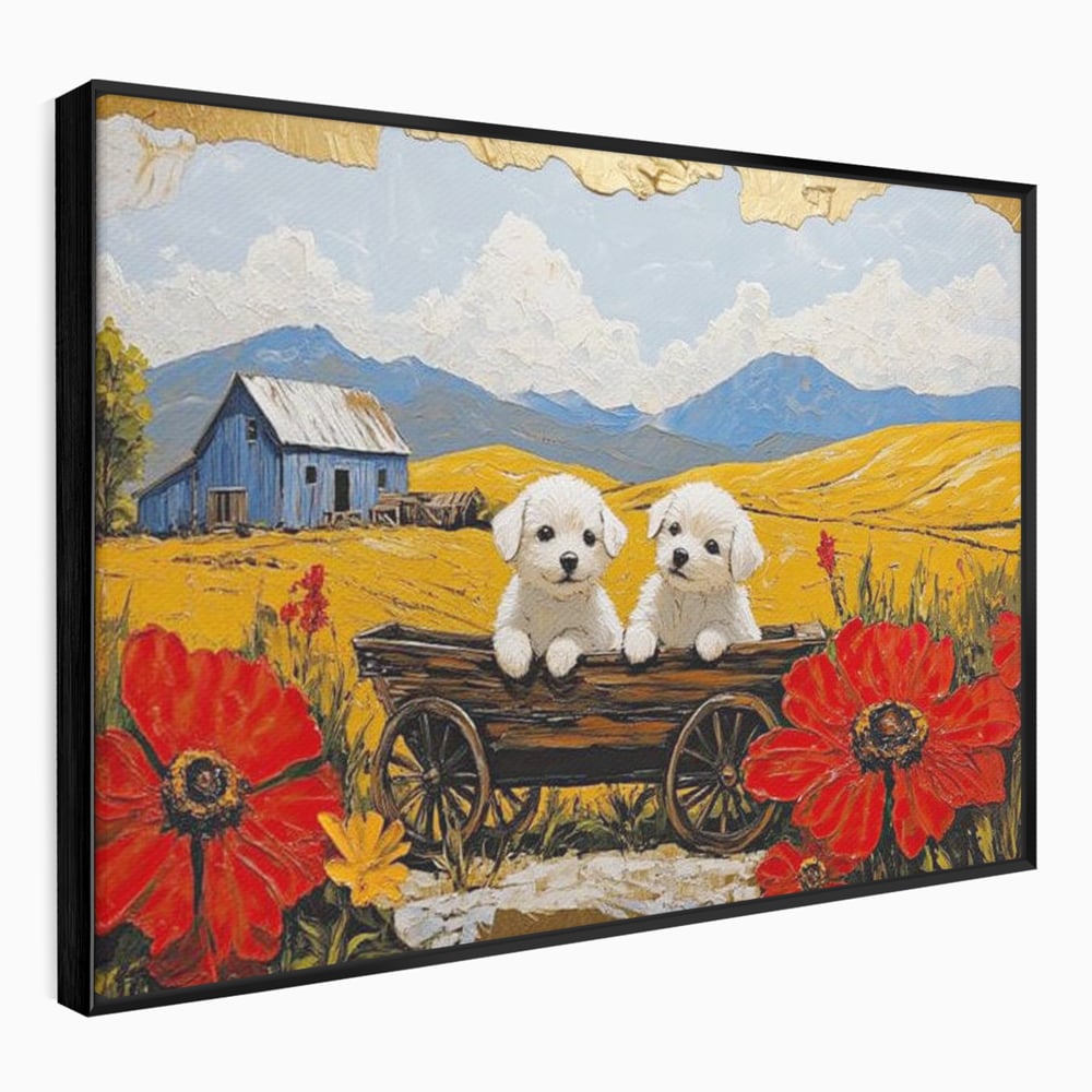 Tablou Canvas Premium, LuxCanva® M1285, Prietenie printre Maci, Catei, Vara, Caruta, Anotimp, Auriu, Flori, Maci, Peisaj, Hambar, Joaca, Dealuri, Copilarie, Birou, Living, Camera Copil