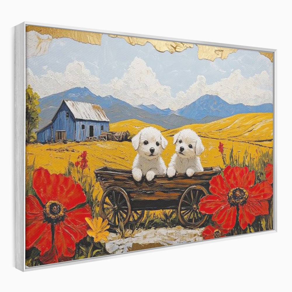 Tablou Canvas Premium, LuxCanva® M1285, Prietenie printre Maci, Catei, Vara, Caruta, Anotimp, Auriu, Flori, Maci, Peisaj, Hambar, Joaca, Dealuri, Copilarie, Birou, Living, Camera Copil