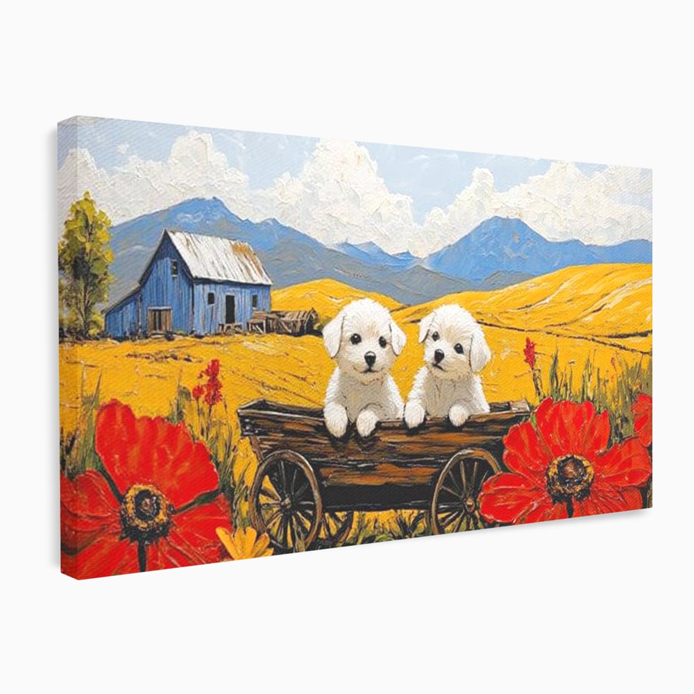 Tablou Canvas Premium, LuxCanva® M1285, Prietenie printre Maci, Catei, Vara, Caruta, Anotimp, Auriu, Flori, Maci, Peisaj, Hambar, Joaca, Dealuri, Copilarie, Birou, Living, Camera Copil