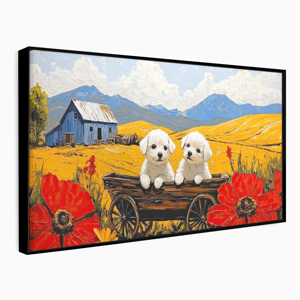 Tablou Canvas Premium, LuxCanva® M1285, Prietenie printre Maci, Catei, Vara, Caruta, Anotimp, Auriu, Flori, Maci, Peisaj, Hambar, Joaca, Dealuri, Copilarie, Birou, Living, Camera Copil