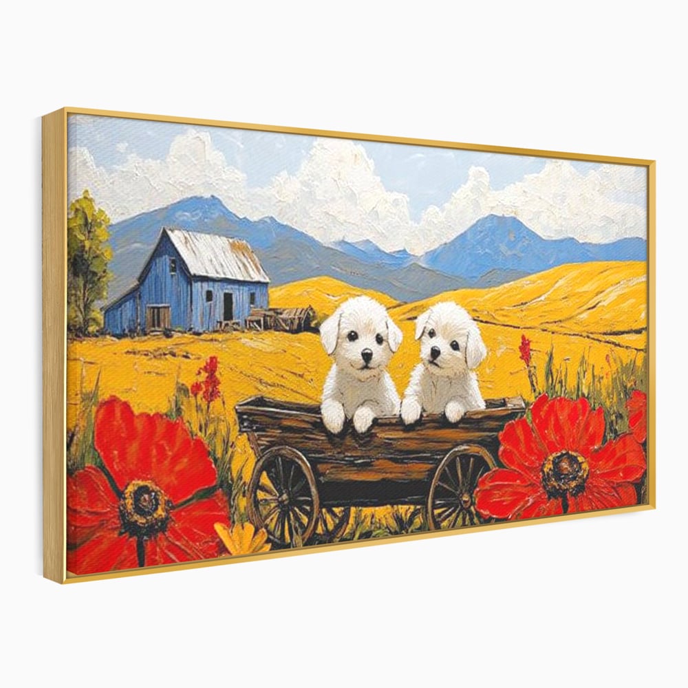 Tablou Canvas Premium, LuxCanva® M1285, Prietenie printre Maci, Catei, Vara, Caruta, Anotimp, Auriu, Flori, Maci, Peisaj, Hambar, Joaca, Dealuri, Copilarie, Birou, Living, Camera Copil