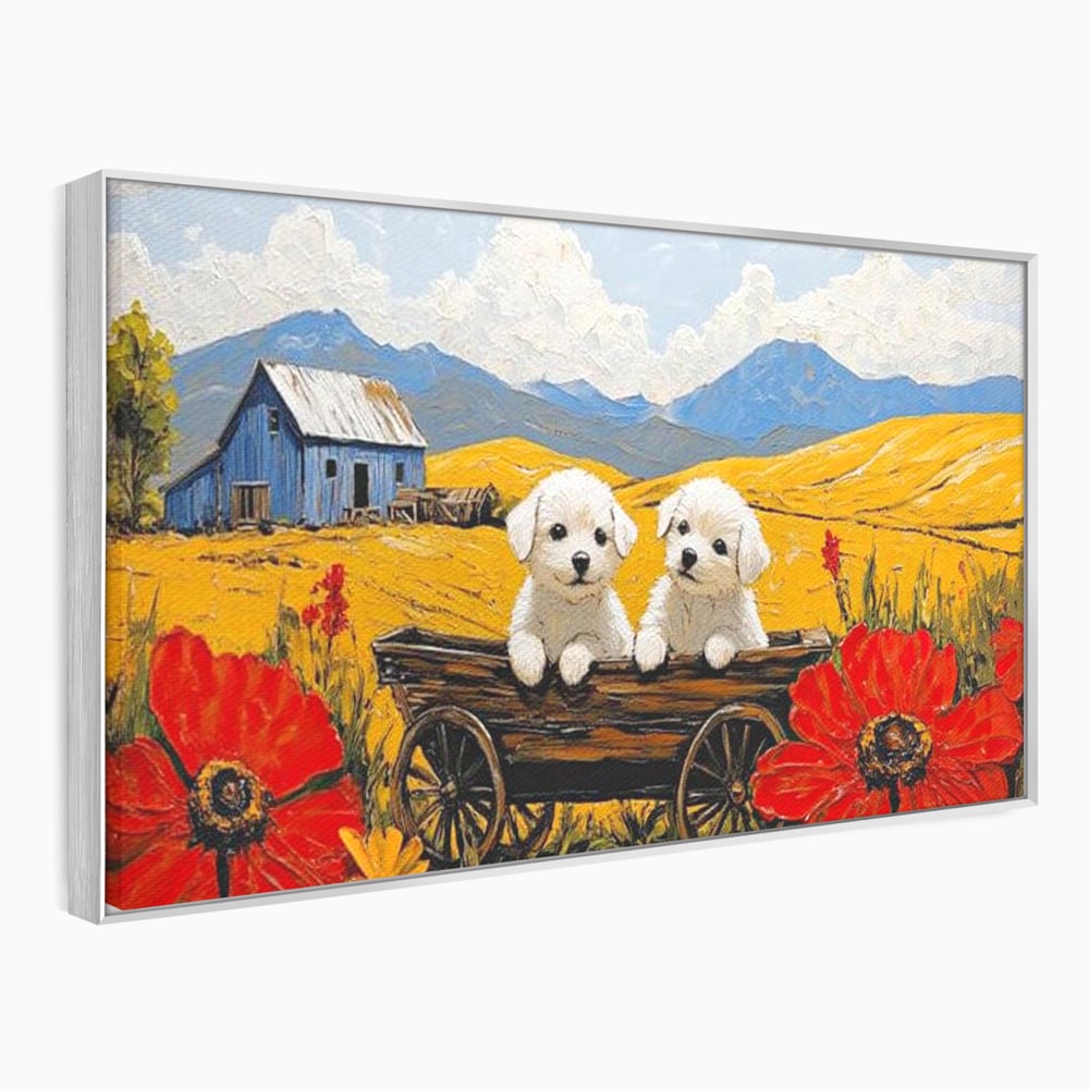 Tablou Canvas Premium, LuxCanva® M1285, Prietenie printre Maci, Catei, Vara, Caruta, Anotimp, Auriu, Flori, Maci, Peisaj, Hambar, Joaca, Dealuri, Copilarie, Birou, Living, Camera Copil