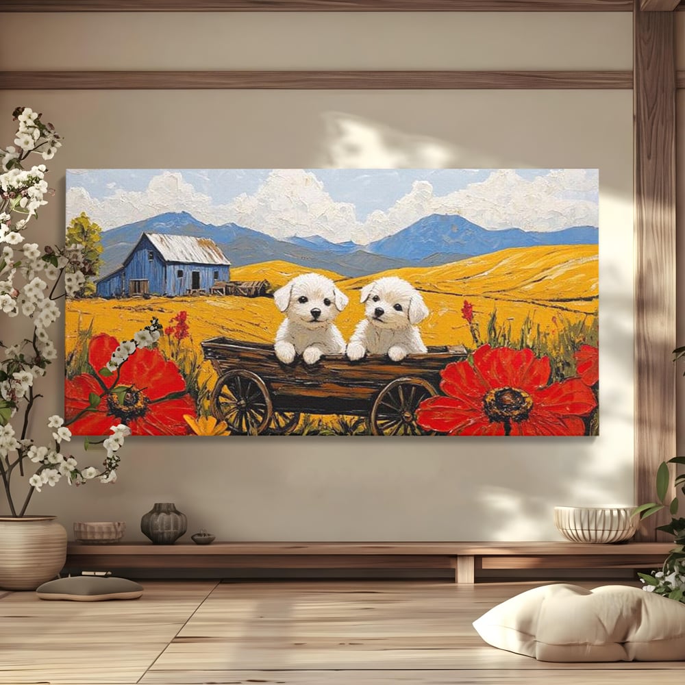 Tablou Canvas Premium, LuxCanva® M1285, Prietenie printre Maci, Catei, Vara, Caruta, Anotimp, Auriu, Flori, Maci, Peisaj, Hambar, Joaca, Dealuri, Copilarie, Birou, Living, Camera Copil