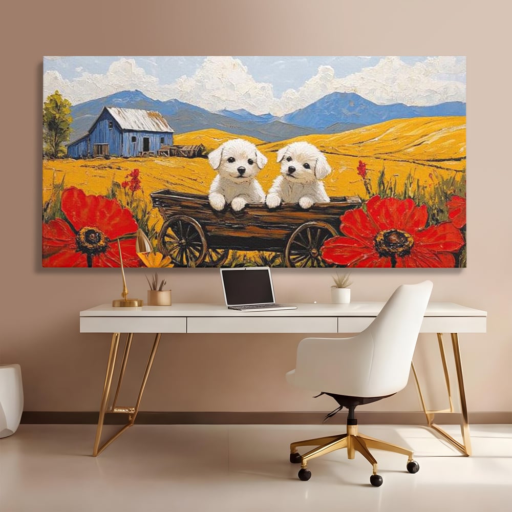 Tablou Canvas Premium, LuxCanva® M1285, Prietenie printre Maci, Catei, Vara, Caruta, Anotimp, Auriu, Flori, Maci, Peisaj, Hambar, Joaca, Dealuri, Copilarie, Birou, Living, Camera Copil