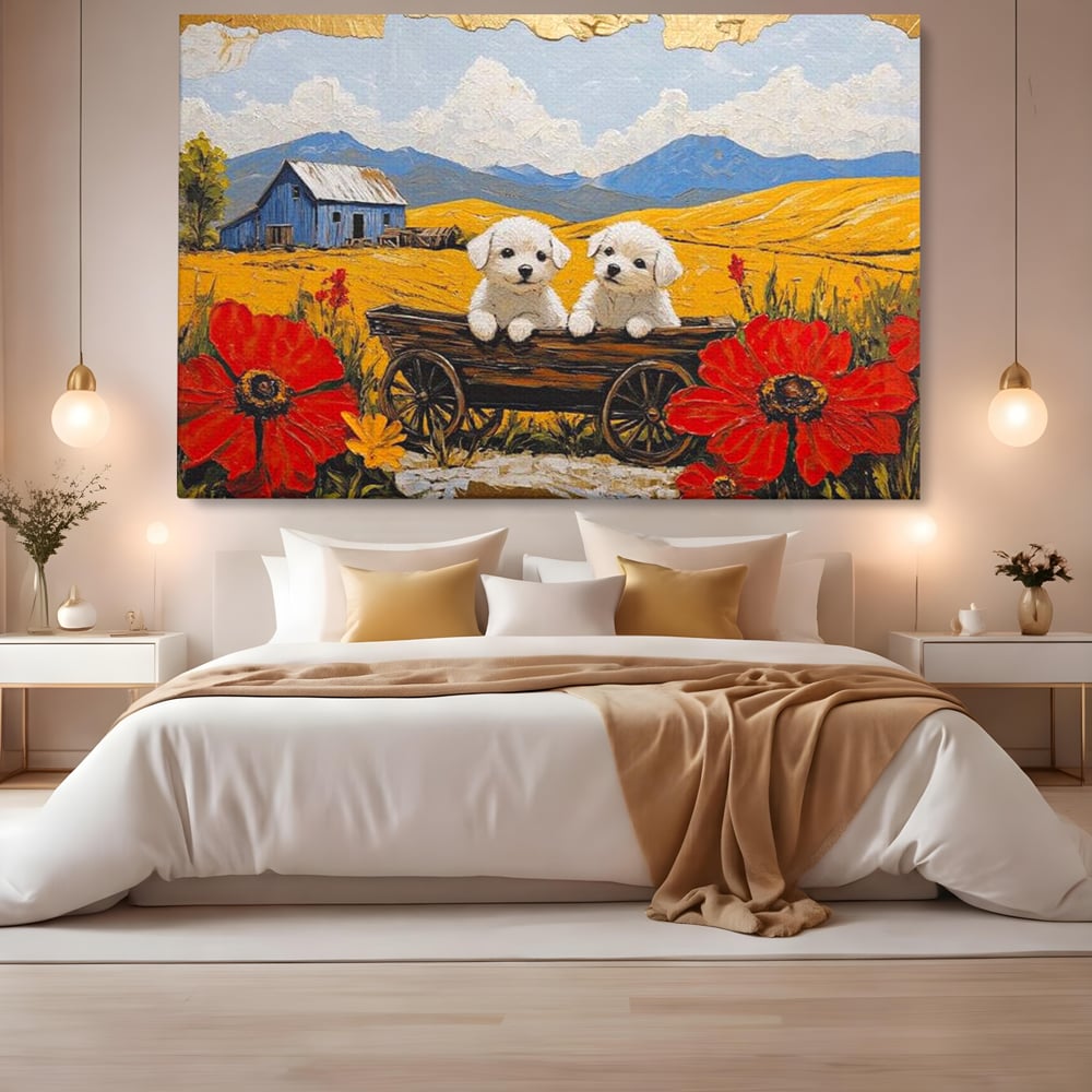 Tablou Canvas Premium, LuxCanva® M1285, Prietenie printre Maci, Catei, Vara, Caruta, Anotimp, Auriu, Flori, Maci, Peisaj, Hambar, Joaca, Dealuri, Copilarie, Birou, Living, Camera Copil