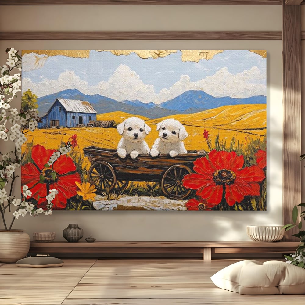 Tablou Canvas Premium, LuxCanva® M1285, Prietenie printre Maci, Catei, Vara, Caruta, Anotimp, Auriu, Flori, Maci, Peisaj, Hambar, Joaca, Dealuri, Copilarie, Birou, Living, Camera Copil