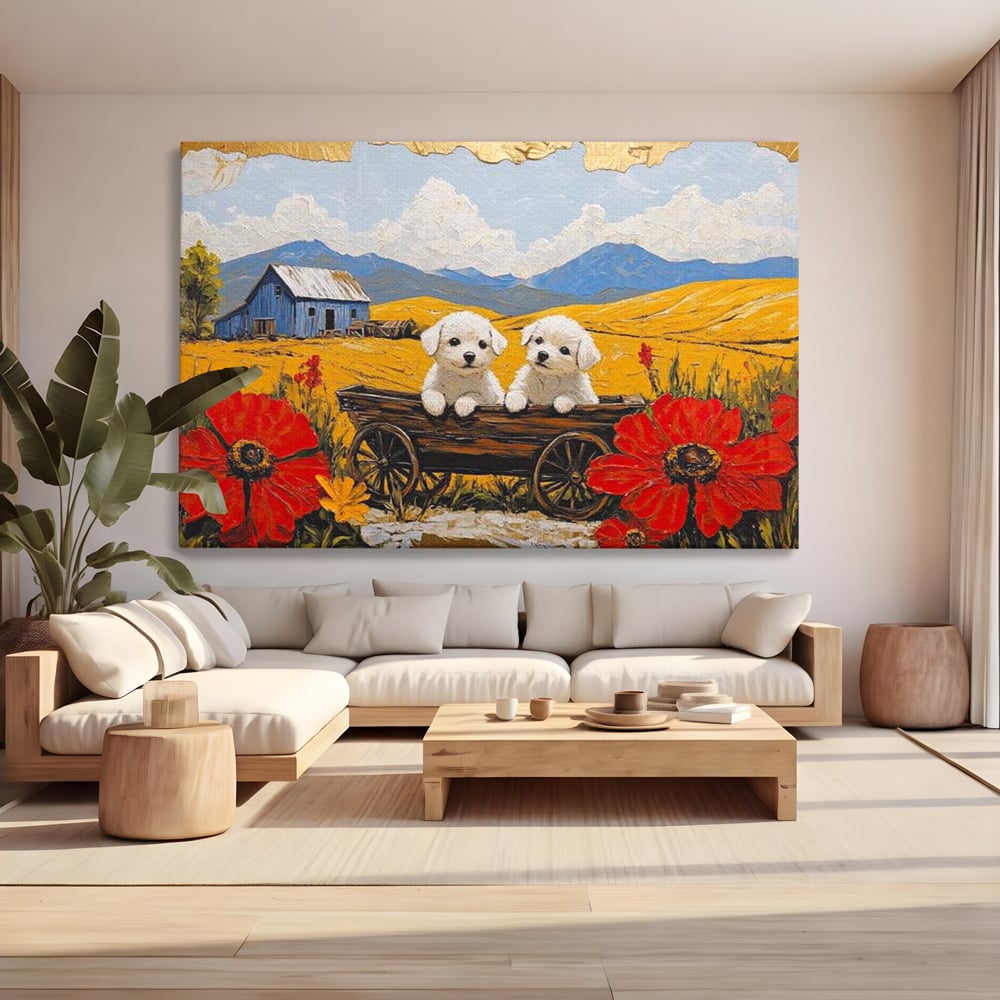 Tablou Canvas Premium, LuxCanva® M1285, Prietenie printre Maci, Catei, Vara, Caruta, Anotimp, Auriu, Flori, Maci, Peisaj, Hambar, Joaca, Dealuri, Copilarie, Birou, Living, Camera Copil