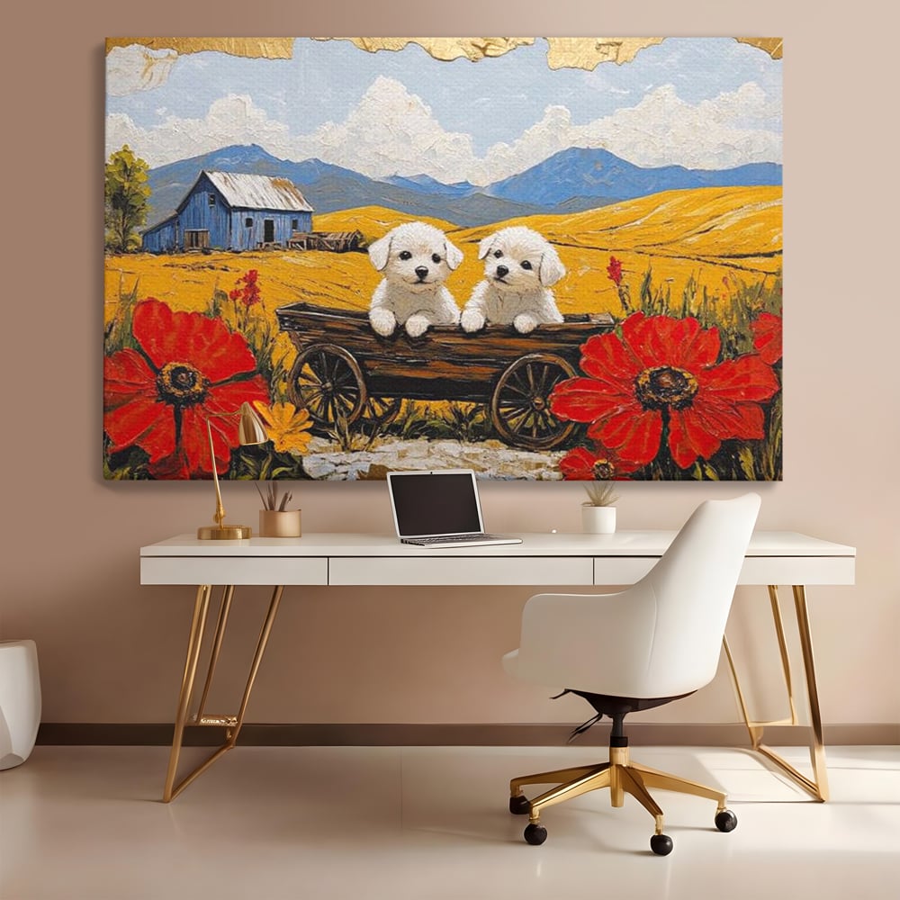 Tablou Canvas Premium, LuxCanva® M1285, Prietenie printre Maci, Catei, Vara, Caruta, Anotimp, Auriu, Flori, Maci, Peisaj, Hambar, Joaca, Dealuri, Copilarie, Birou, Living, Camera Copil