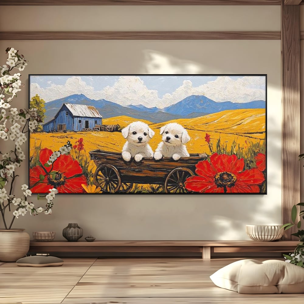 Tablou Canvas Premium, LuxCanva® M1285, Prietenie printre Maci, Catei, Vara, Caruta, Anotimp, Auriu, Flori, Maci, Peisaj, Hambar, Joaca, Dealuri, Copilarie, Birou, Living, Camera Copil