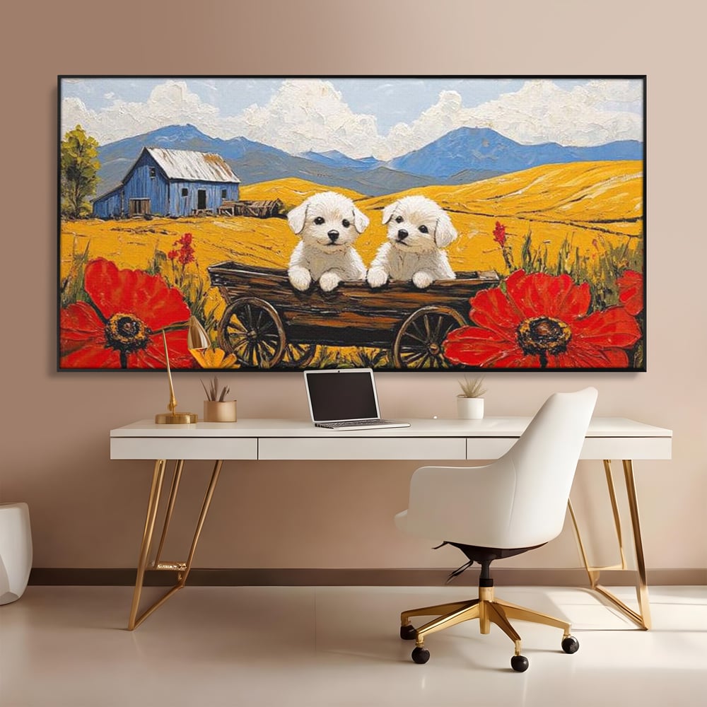 Tablou Canvas Premium, LuxCanva® M1285, Prietenie printre Maci, Catei, Vara, Caruta, Anotimp, Auriu, Flori, Maci, Peisaj, Hambar, Joaca, Dealuri, Copilarie, Birou, Living, Camera Copil