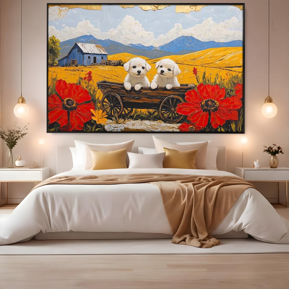 Tablou Canvas Premium, LuxCanva® M1285, Prietenie printre Maci, Catei, Vara, Caruta, Anotimp, Auriu, Flori, Maci, Peisaj, Hambar, Joaca, Dealuri, Copilarie, Birou, Living, Camera Copil