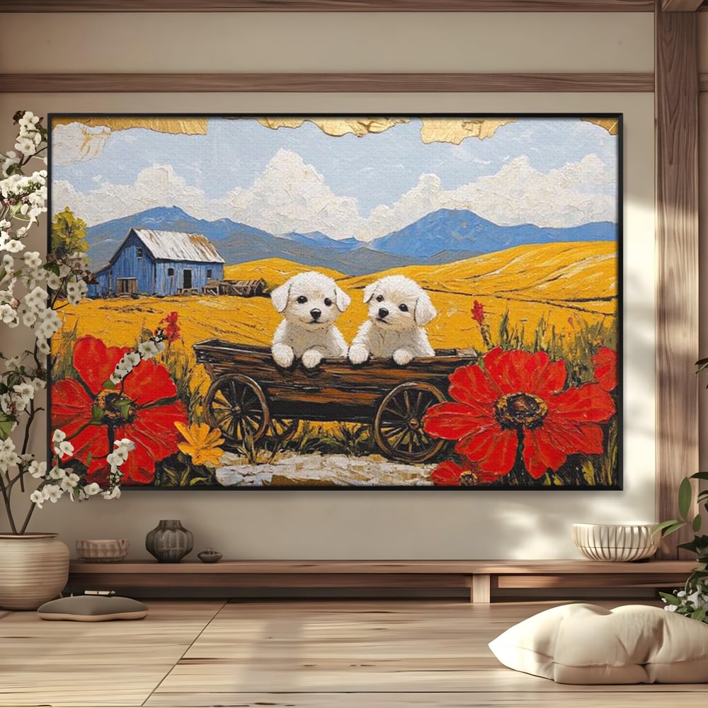 Tablou Canvas Premium, LuxCanva® M1285, Prietenie printre Maci, Catei, Vara, Caruta, Anotimp, Auriu, Flori, Maci, Peisaj, Hambar, Joaca, Dealuri, Copilarie, Birou, Living, Camera Copil