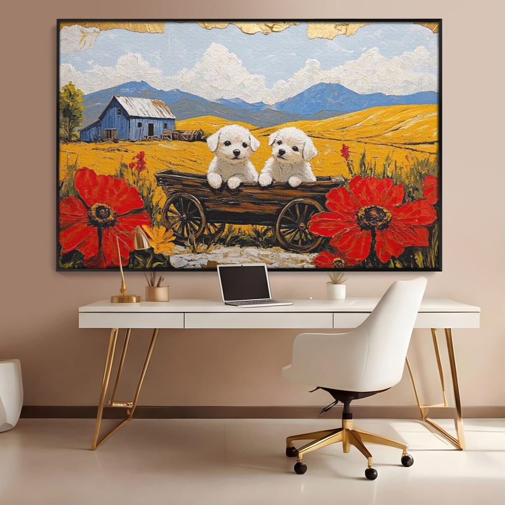 Tablou Canvas Premium, LuxCanva® M1285, Prietenie printre Maci, Catei, Vara, Caruta, Anotimp, Auriu, Flori, Maci, Peisaj, Hambar, Joaca, Dealuri, Copilarie, Birou, Living, Camera Copil