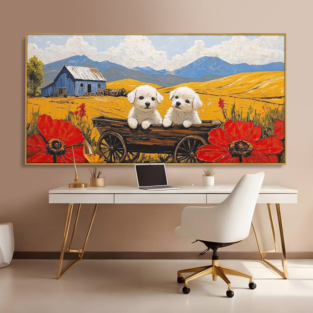 Tablou Canvas Premium, LuxCanva® M1285, Prietenie printre Maci, Catei, Vara, Caruta, Anotimp, Auriu, Flori, Maci, Peisaj, Hambar, Joaca, Dealuri, Copilarie, Birou, Living, Camera Copil