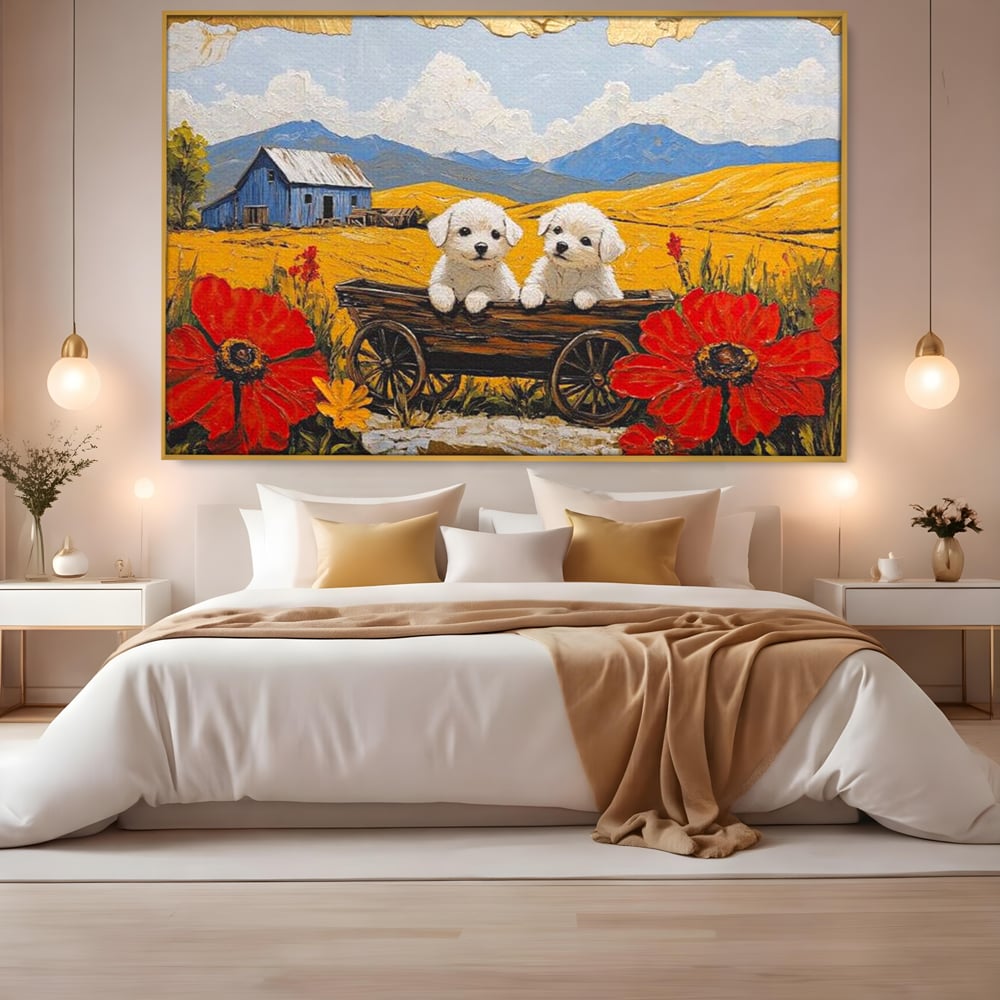 Tablou Canvas Premium, LuxCanva® M1285, Prietenie printre Maci, Catei, Vara, Caruta, Anotimp, Auriu, Flori, Maci, Peisaj, Hambar, Joaca, Dealuri, Copilarie, Birou, Living, Camera Copil