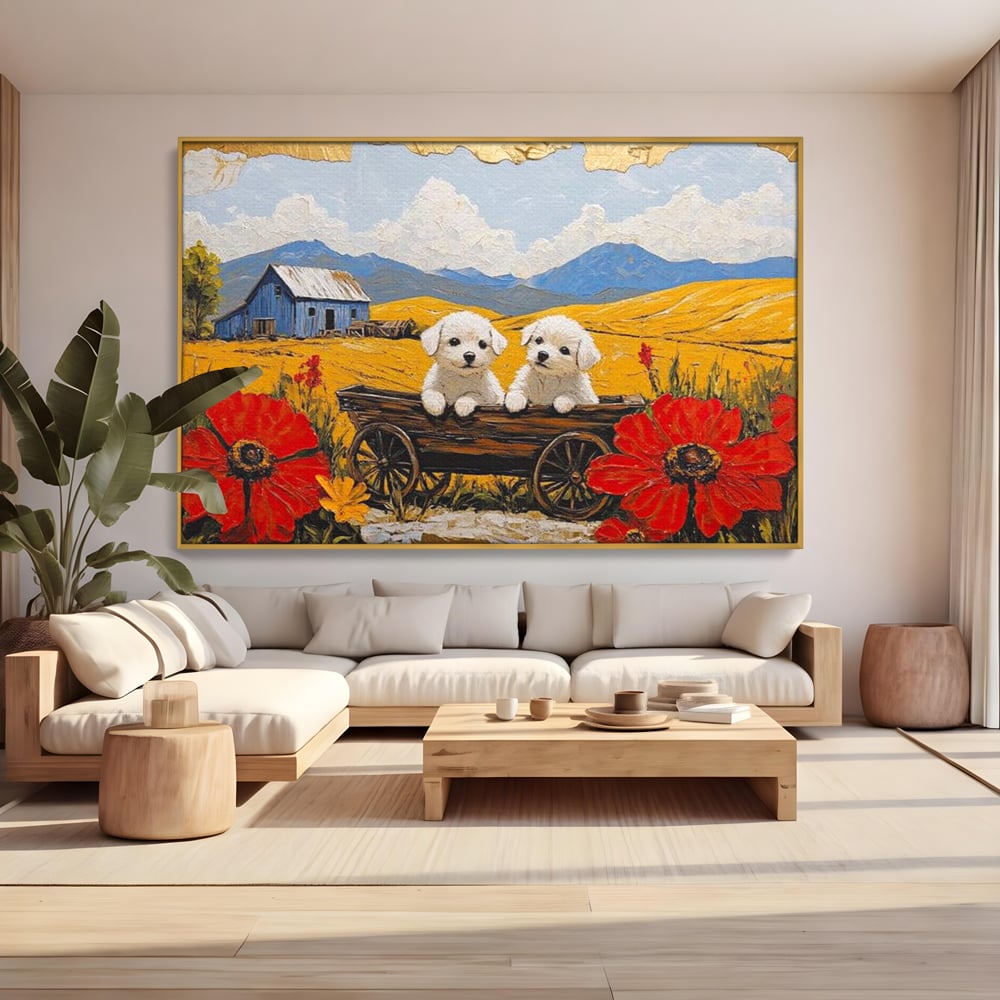 Tablou Canvas Premium, LuxCanva® M1285, Prietenie printre Maci, Catei, Vara, Caruta, Anotimp, Auriu, Flori, Maci, Peisaj, Hambar, Joaca, Dealuri, Copilarie, Birou, Living, Camera Copil