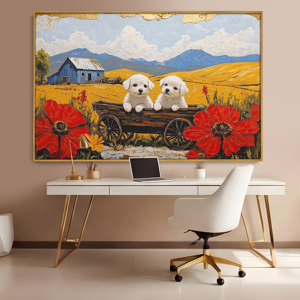 Tablou Canvas Premium, LuxCanva® M1285, Prietenie printre Maci, Catei, Vara, Caruta, Anotimp, Auriu, Flori, Maci, Peisaj, Hambar, Joaca, Dealuri, Copilarie, Birou, Living, Camera Copil