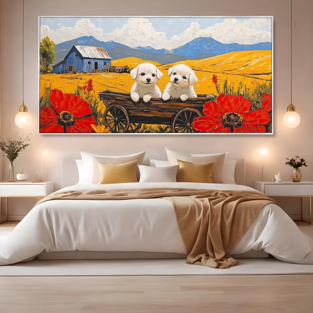 Tablou Canvas Premium, LuxCanva® M1285, Prietenie printre Maci, Catei, Vara, Caruta, Anotimp, Auriu, Flori, Maci, Peisaj, Hambar, Joaca, Dealuri, Copilarie, Birou, Living, Camera Copil