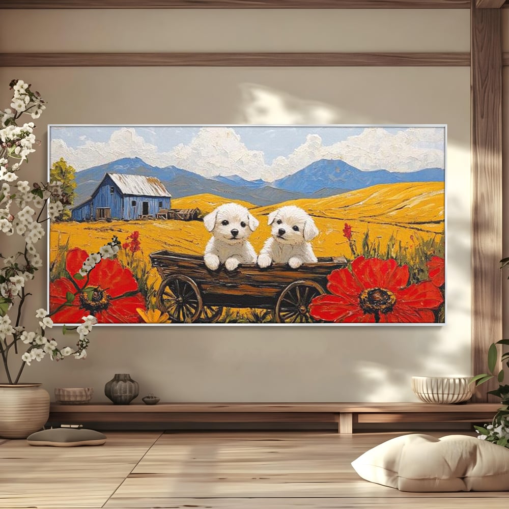 Tablou Canvas Premium, LuxCanva® M1285, Prietenie printre Maci, Catei, Vara, Caruta, Anotimp, Auriu, Flori, Maci, Peisaj, Hambar, Joaca, Dealuri, Copilarie, Birou, Living, Camera Copil