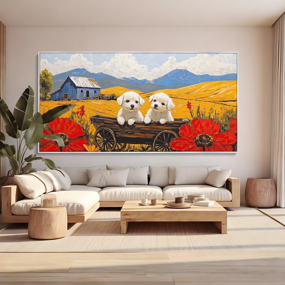 Tablou Canvas Premium, LuxCanva® M1285, Prietenie printre Maci, Catei, Vara, Caruta, Anotimp, Auriu, Flori, Maci, Peisaj, Hambar, Joaca, Dealuri, Copilarie, Birou, Living, Camera Copil