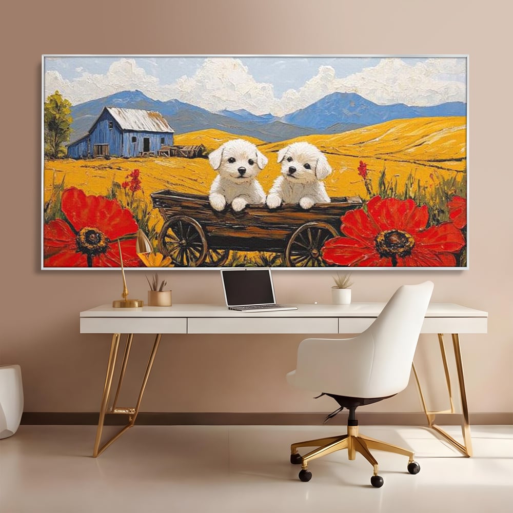 Tablou Canvas Premium, LuxCanva® M1285, Prietenie printre Maci, Catei, Vara, Caruta, Anotimp, Auriu, Flori, Maci, Peisaj, Hambar, Joaca, Dealuri, Copilarie, Birou, Living, Camera Copil