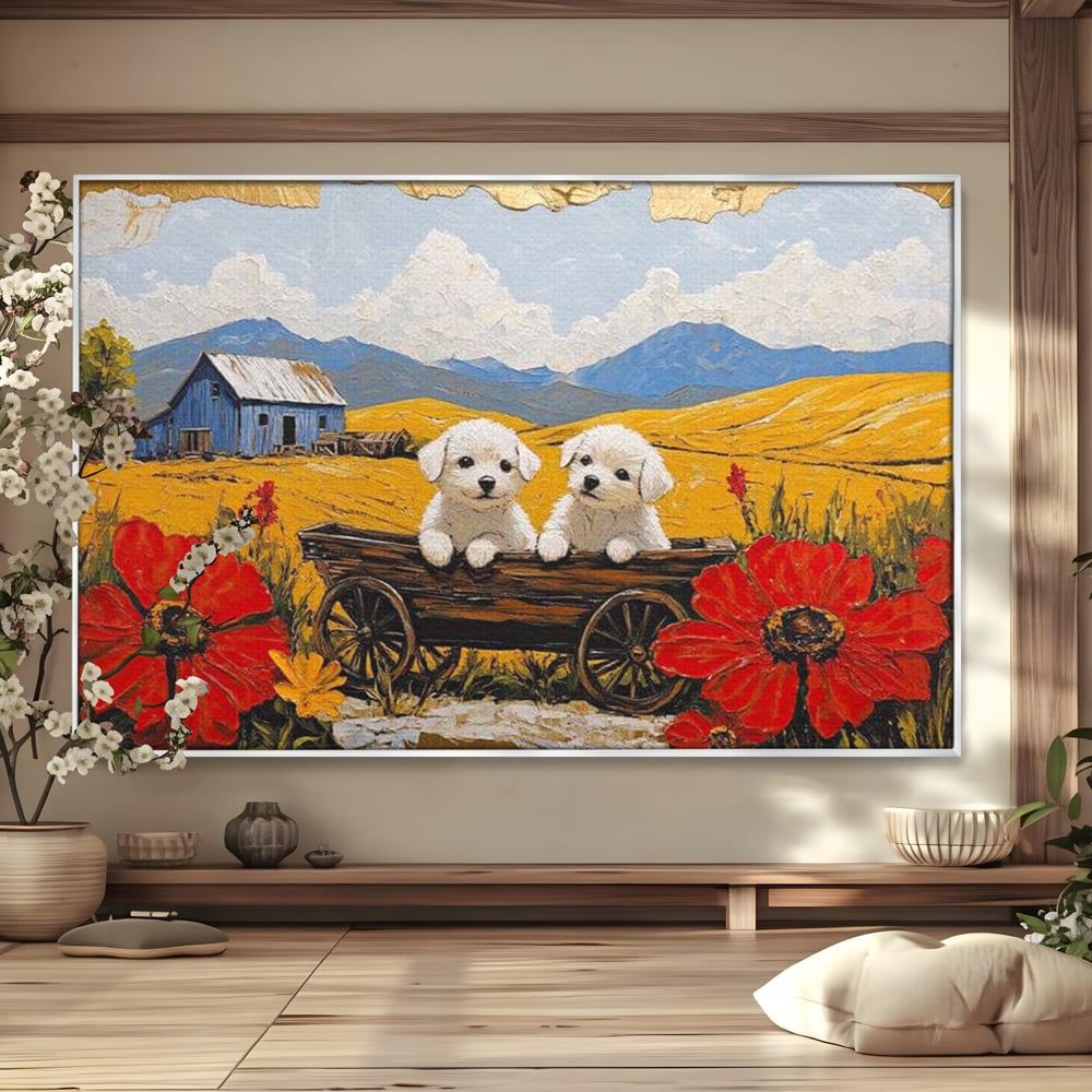 Tablou Canvas Premium, LuxCanva® M1285, Prietenie printre Maci, Catei, Vara, Caruta, Anotimp, Auriu, Flori, Maci, Peisaj, Hambar, Joaca, Dealuri, Copilarie, Birou, Living, Camera Copil