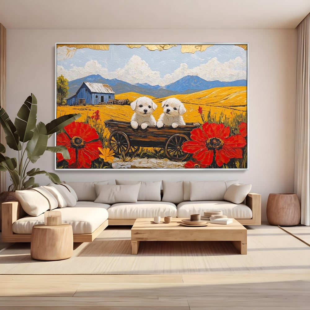 Tablou Canvas Premium, LuxCanva® M1285, Prietenie printre Maci, Catei, Vara, Caruta, Anotimp, Auriu, Flori, Maci, Peisaj, Hambar, Joaca, Dealuri, Copilarie, Birou, Living, Camera Copil