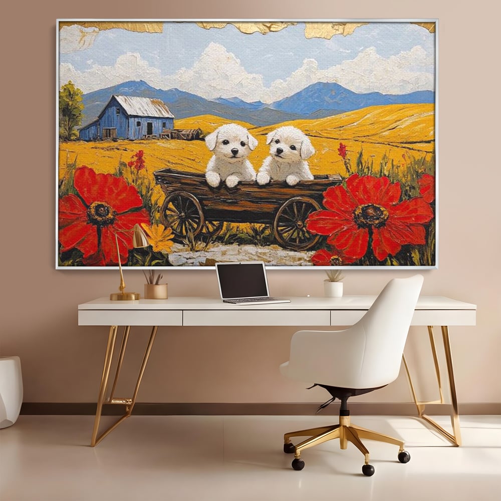 Tablou Canvas Premium, LuxCanva® M1285, Prietenie printre Maci, Catei, Vara, Caruta, Anotimp, Auriu, Flori, Maci, Peisaj, Hambar, Joaca, Dealuri, Copilarie, Birou, Living, Camera Copil