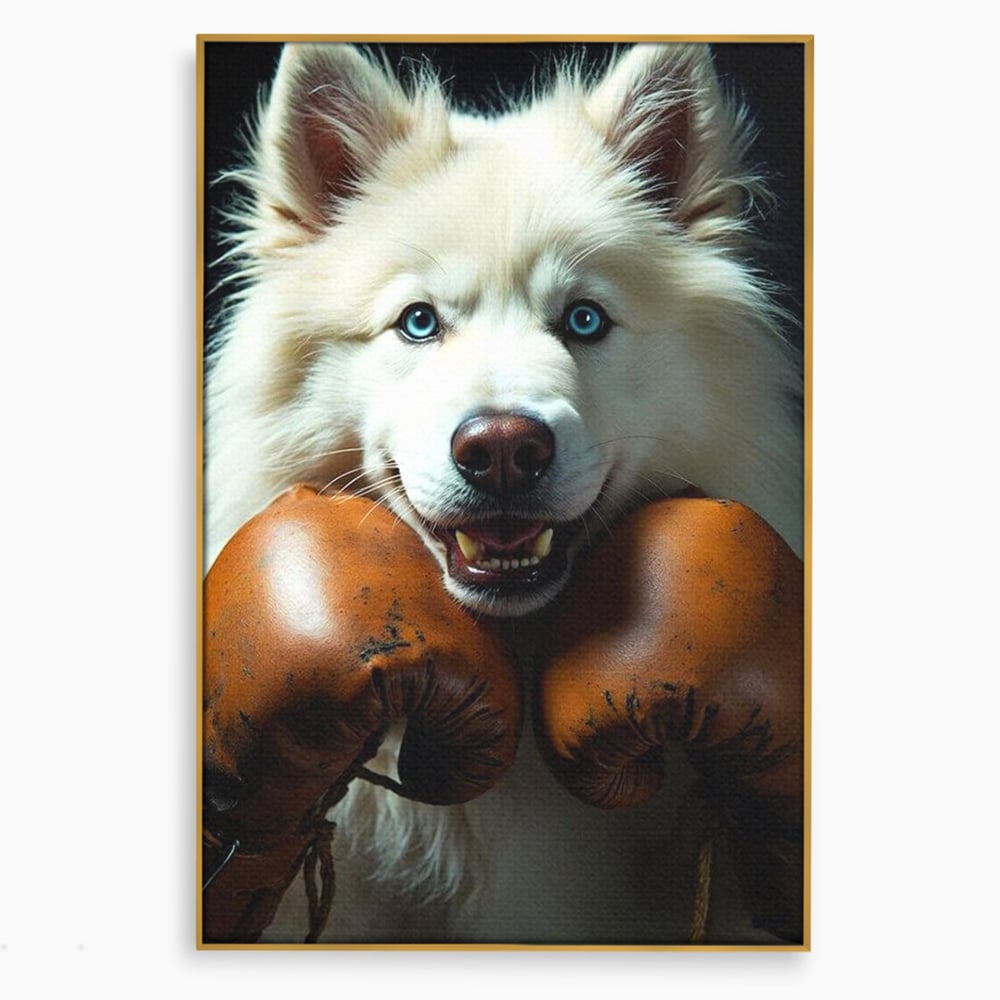 Tablou Canvas Premium, LuxCanva® M1286, Spirit de Luptator, Samoyed, Caine, Husky, Alb, Pufos, Manusi, Box, Sport, Energie, Campion, Adorabil, Curaj, Atitudine, Birou, Living, Camera Copil
