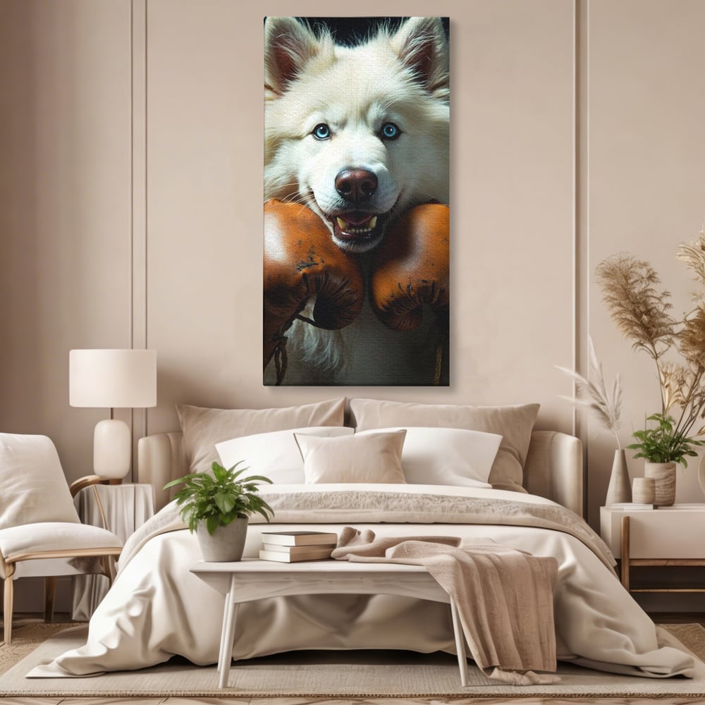 Tablou Canvas Premium, LuxCanva® M1286, Spirit de Luptator, Samoyed, Caine, Husky, Alb, Pufos, Manusi, Box, Sport, Energie, Campion, Adorabil, Curaj, Atitudine, Birou, Living, Camera Copil