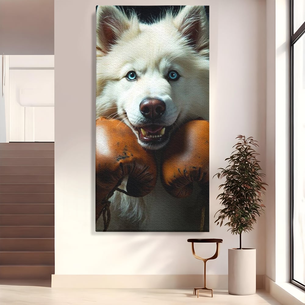 Tablou Canvas Premium, LuxCanva® M1286, Spirit de Luptator, Samoyed, Caine, Husky, Alb, Pufos, Manusi, Box, Sport, Energie, Campion, Adorabil, Curaj, Atitudine, Birou, Living, Camera Copil