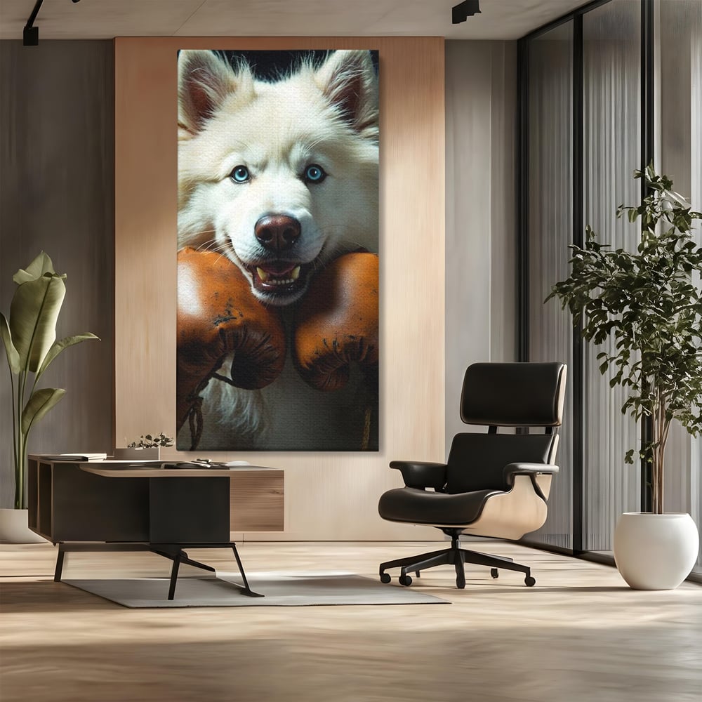 Tablou Canvas Premium, LuxCanva® M1286, Spirit de Luptator, Samoyed, Caine, Husky, Alb, Pufos, Manusi, Box, Sport, Energie, Campion, Adorabil, Curaj, Atitudine, Birou, Living, Camera Copil