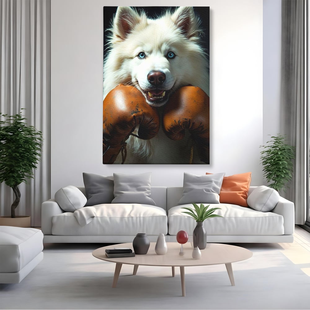 Tablou Canvas Premium, LuxCanva® M1286, Spirit de Luptator, Samoyed, Caine, Husky, Alb, Pufos, Manusi, Box, Sport, Energie, Campion, Adorabil, Curaj, Atitudine, Birou, Living, Camera Copil