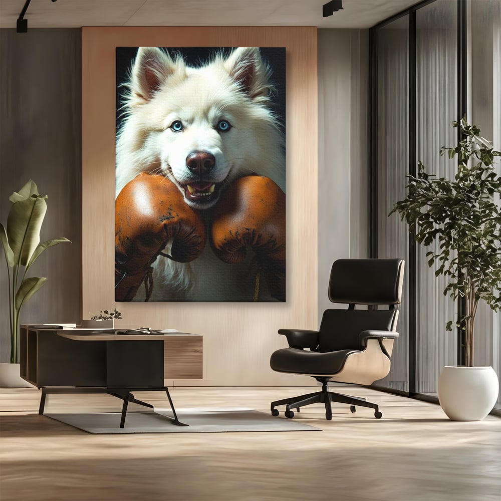 Tablou Canvas Premium, LuxCanva® M1286, Spirit de Luptator, Samoyed, Caine, Husky, Alb, Pufos, Manusi, Box, Sport, Energie, Campion, Adorabil, Curaj, Atitudine, Birou, Living, Camera Copil
