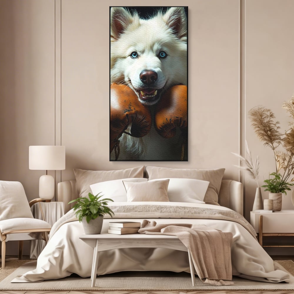 Tablou Canvas Premium, LuxCanva® M1286, Spirit de Luptator, Samoyed, Caine, Husky, Alb, Pufos, Manusi, Box, Sport, Energie, Campion, Adorabil, Curaj, Atitudine, Birou, Living, Camera Copil