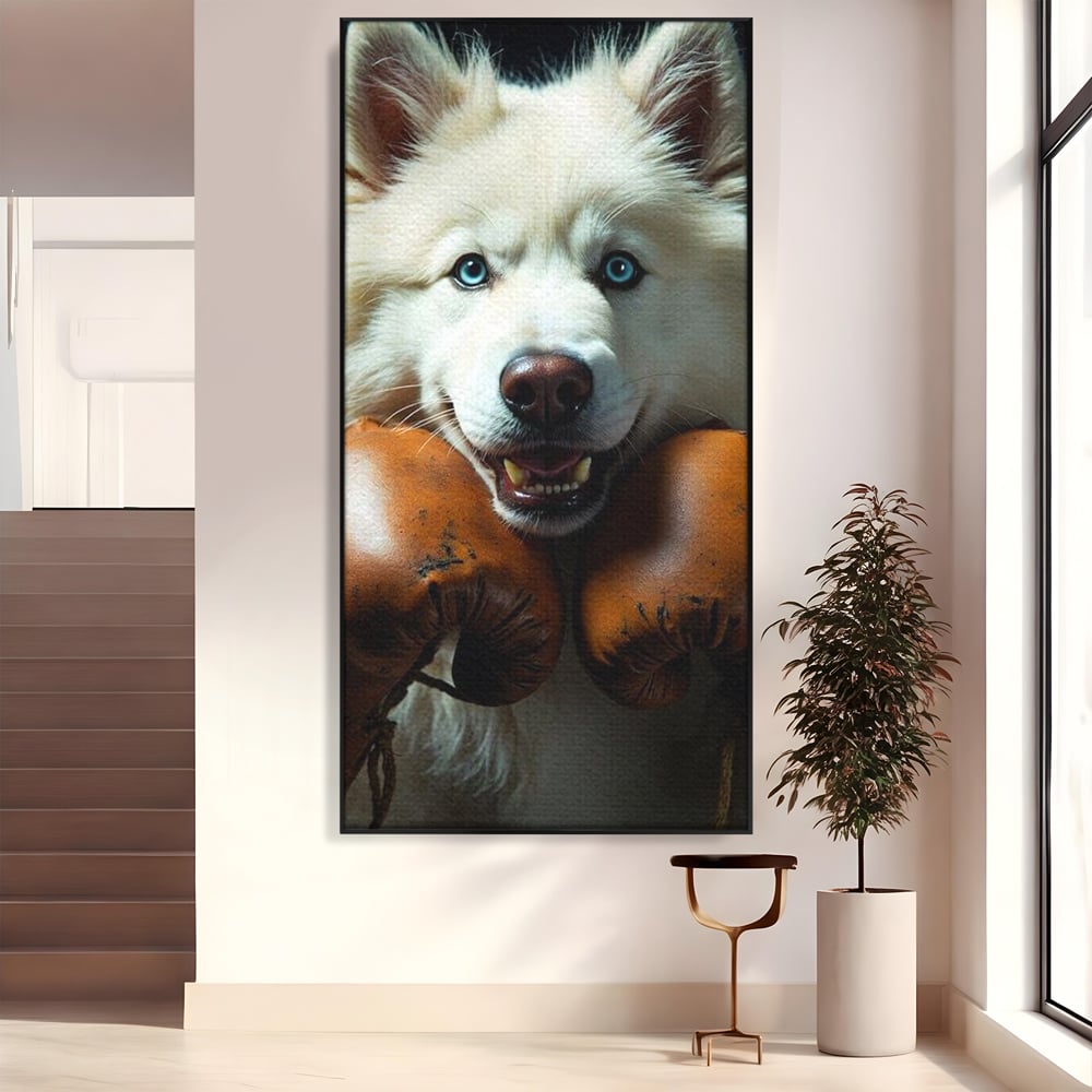 Tablou Canvas Premium, LuxCanva® M1286, Spirit de Luptator, Samoyed, Caine, Husky, Alb, Pufos, Manusi, Box, Sport, Energie, Campion, Adorabil, Curaj, Atitudine, Birou, Living, Camera Copil